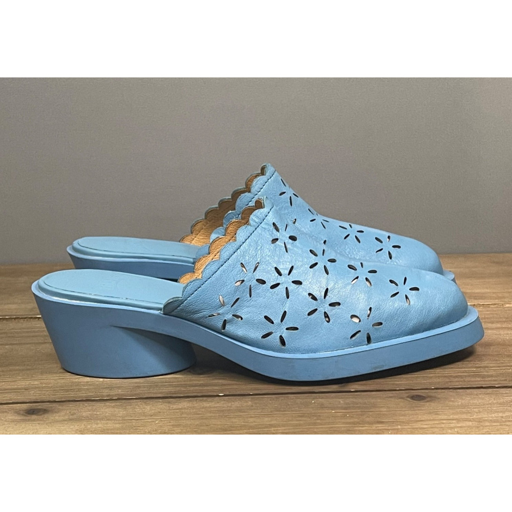 Camper Light Blue Floral Cutout Leather Mules